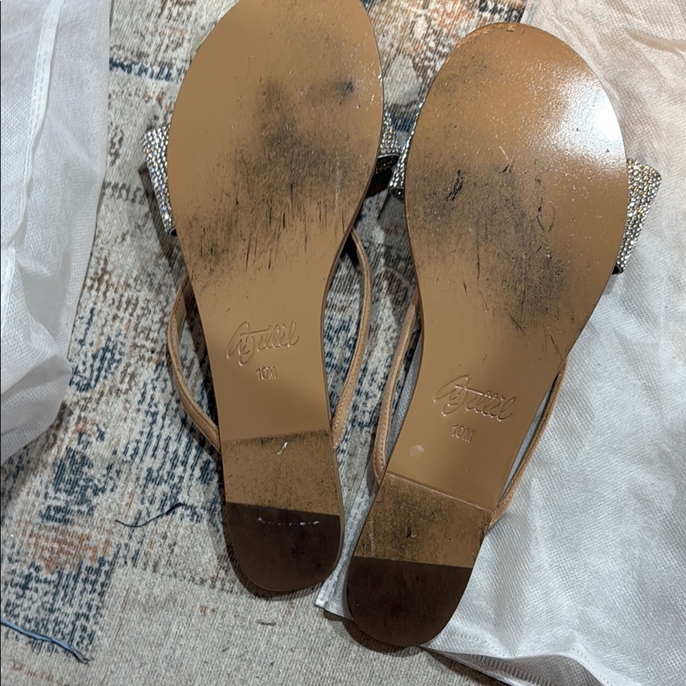 Amina Muaddi Tan Sandals with Glittering Silver Bow - Picture 3 of 3